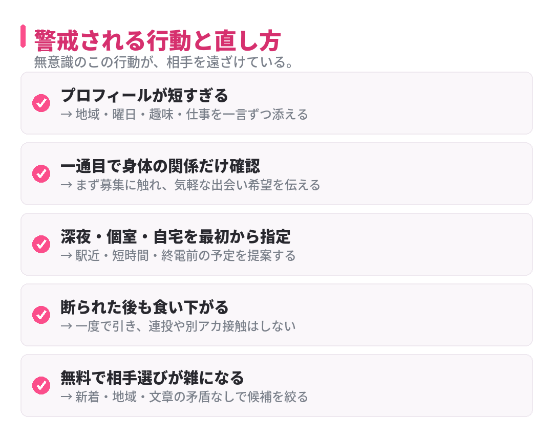 警戒される行動と直し方をまとめたインフォグラフィック